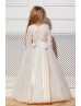 Long Sleeves Ivory Lace Tulle Pearls Beaded Flower Girl Dress
